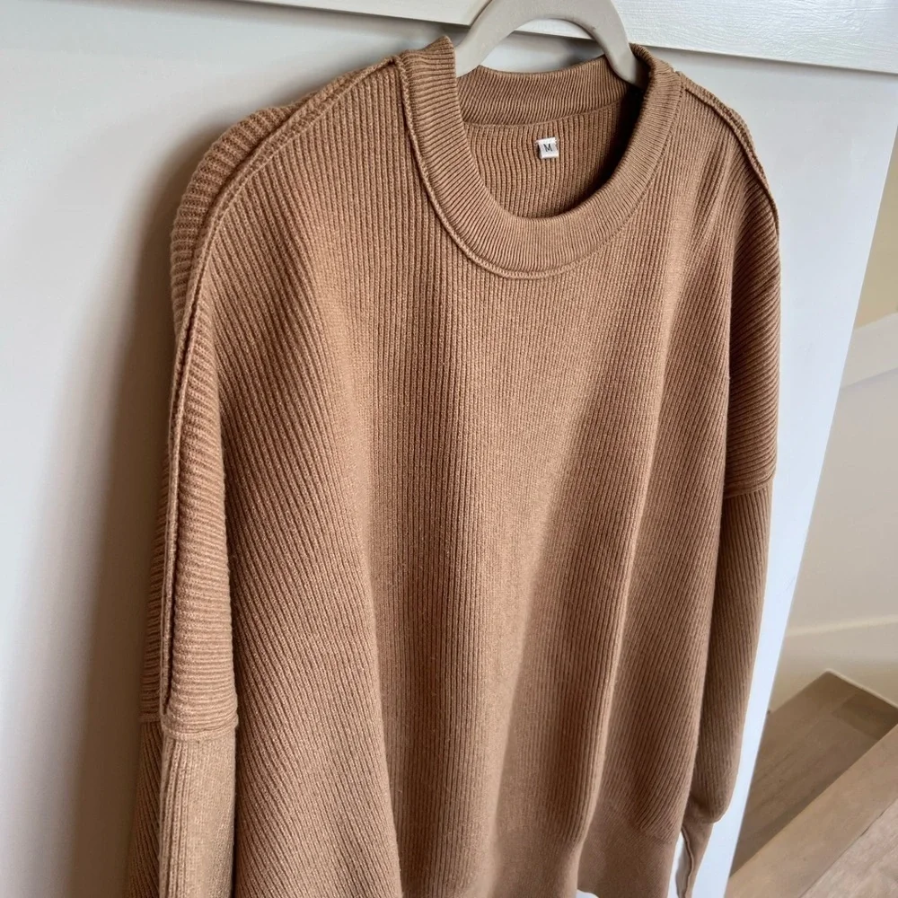 Brown/ Tan Crewneck Batwing Oversized Ribbed Pullover Sweater